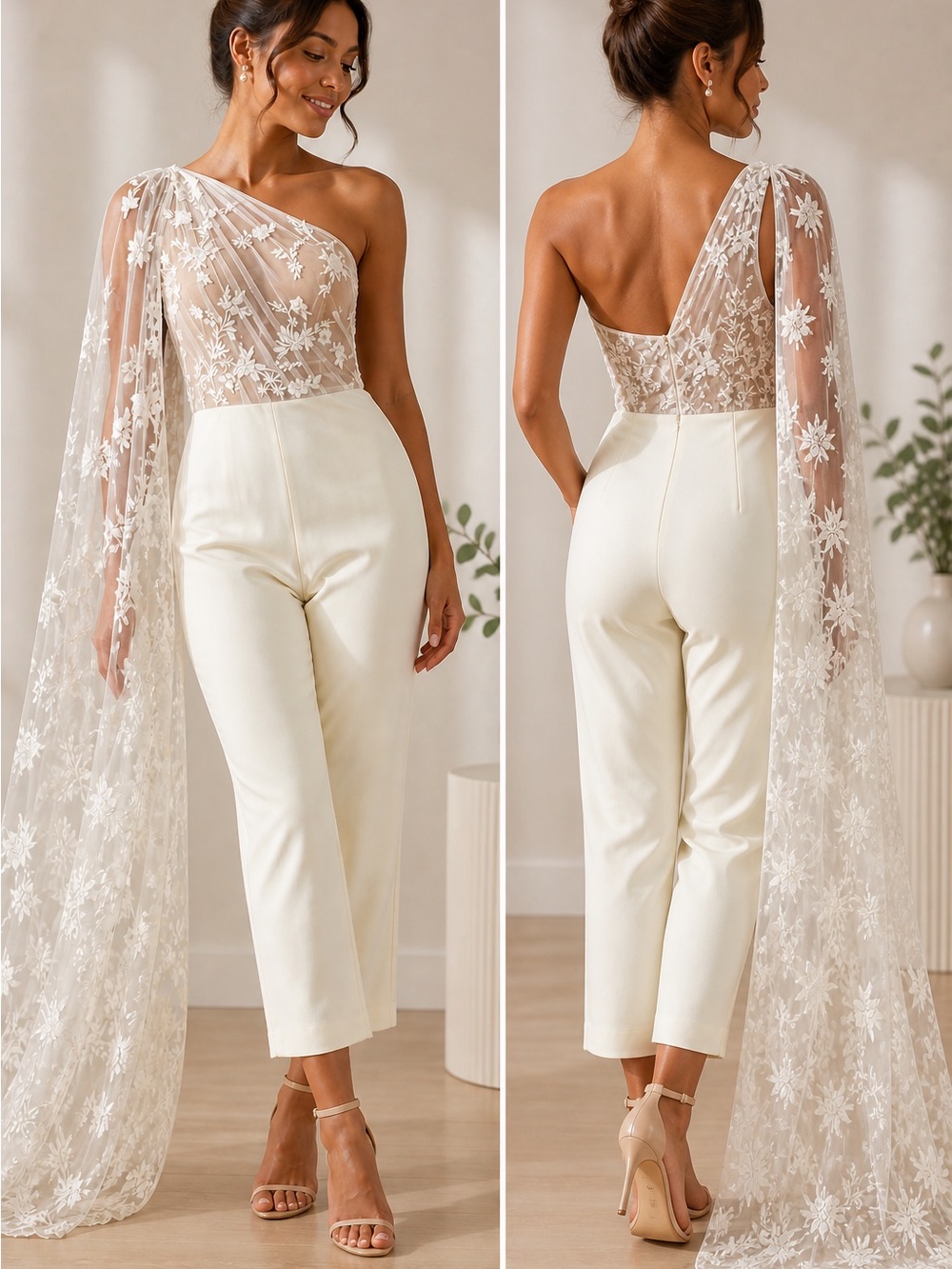 One-Shoulder Ivory Lace Wedding Jumpsuit